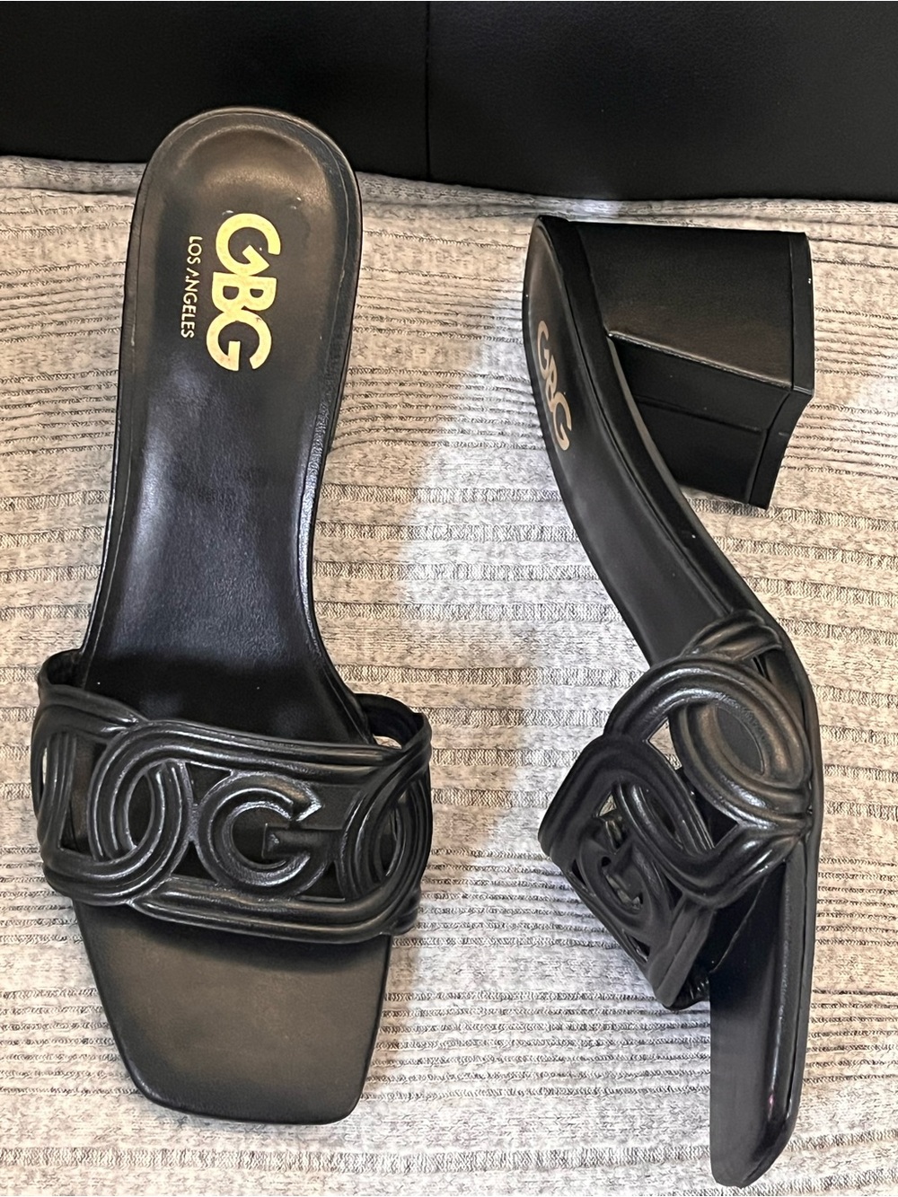 GBG Los Angeles by Guess Black Leather Block Heel Mules with Braided Logo Strap